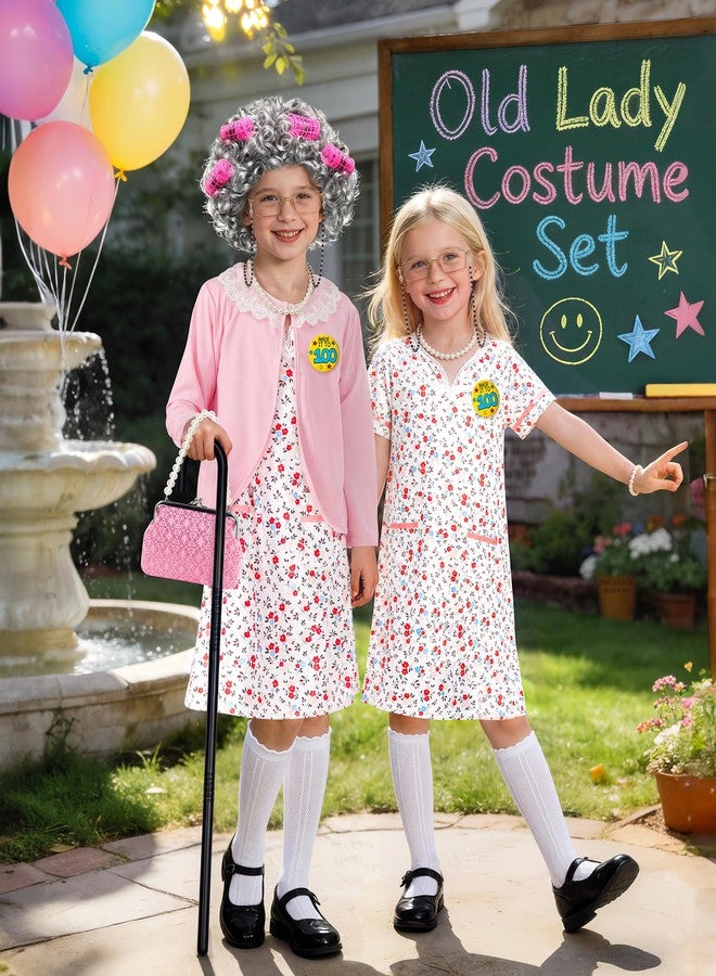 STOPKLAS Old Lady Costume for Kids, 100 Days of School Costume for Girls, 100th day of School Granny Grandma Dress Up Costume Outfit, Old Lady Cosplay Set with Old Lady Dress and Wig for Gilrs 5 6 7 - Image 2
